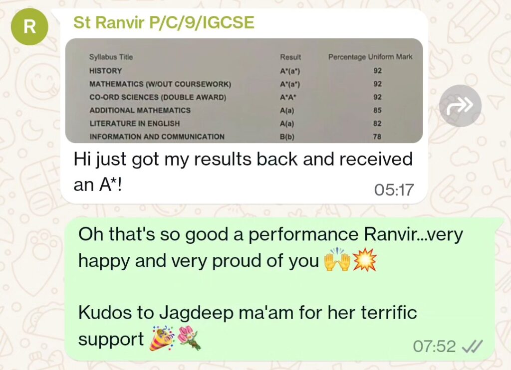 IGCSE student achieving A* grades in Maths and Sciences through 1-on-1 online coaching