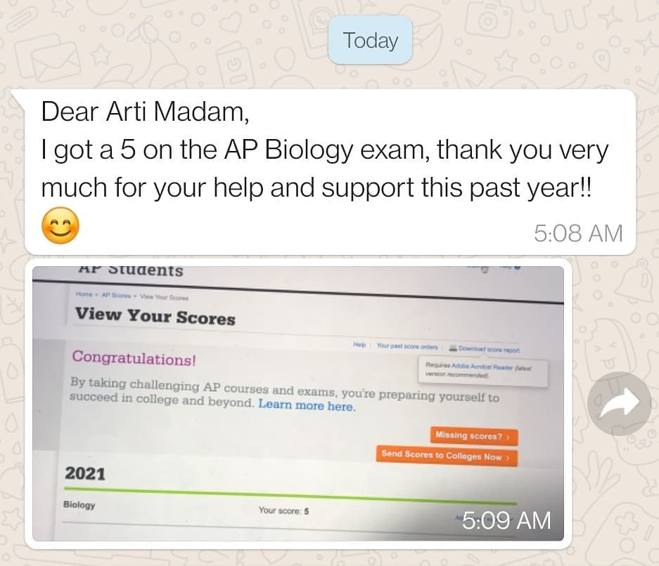 AP Biology student achieving a perfect score of 5 through personalised online tutoring