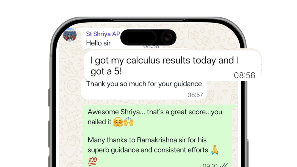 WhatsApp message from Shriya, an AP Calculus student in the US, who scored a top score of 5 through 1-on-1 online tutoring at Uplift Academy