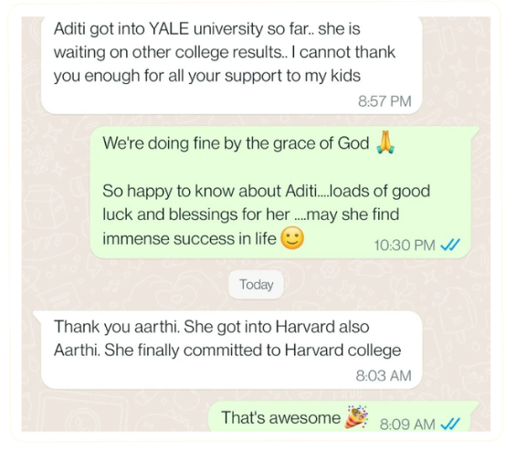 WhatsApp message from an Uplift Academy parent confirming their daughter Aditi was accepted to Yale University and committed to Harvard College after receiving tutoring support