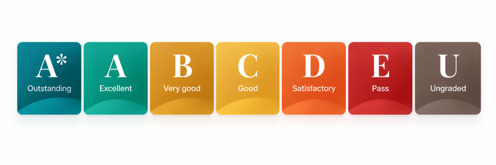 A Level grading scale from A* to E, showing typical offers of AAA for competitive courses and A*AA or above for Oxford, Cambridge and Medicine