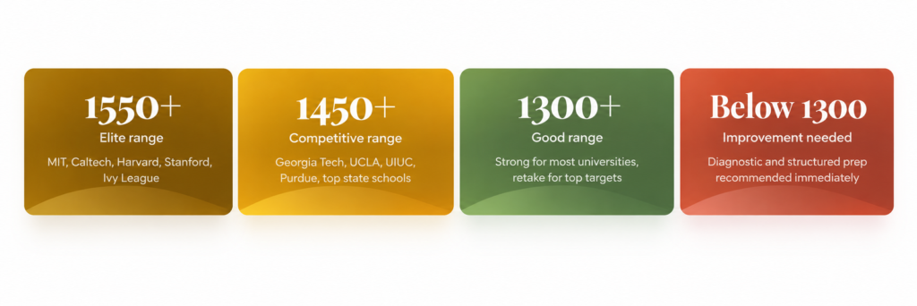 Digital SAT score scale from 400 to 1600 showing score ranges for competitive, highly selective and most selective US universities